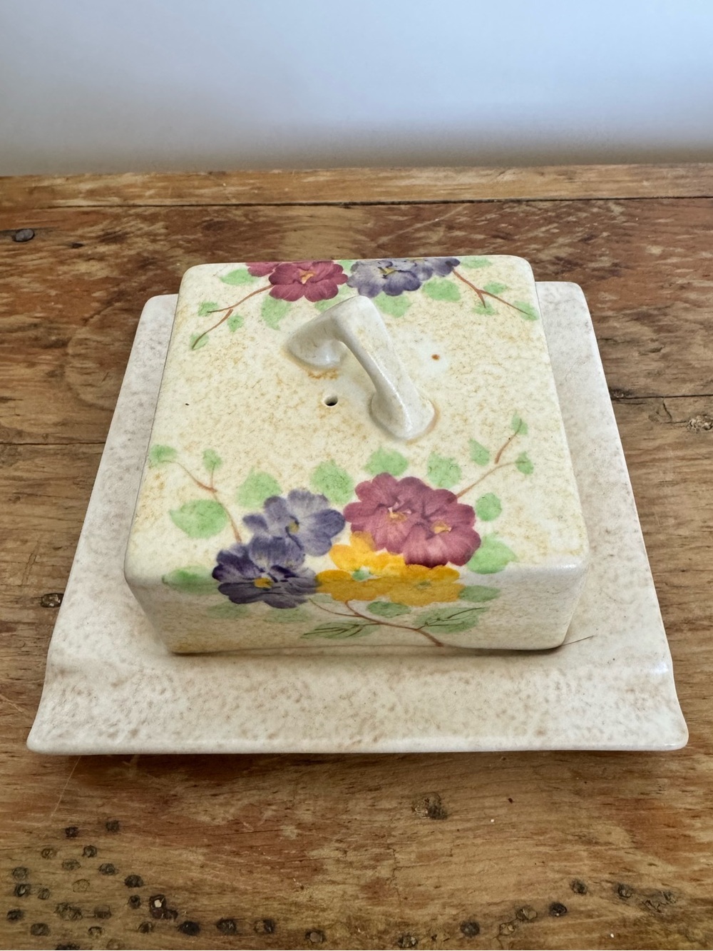 Ceramic hand-painted floral butter dish by E. Radford Pottery
